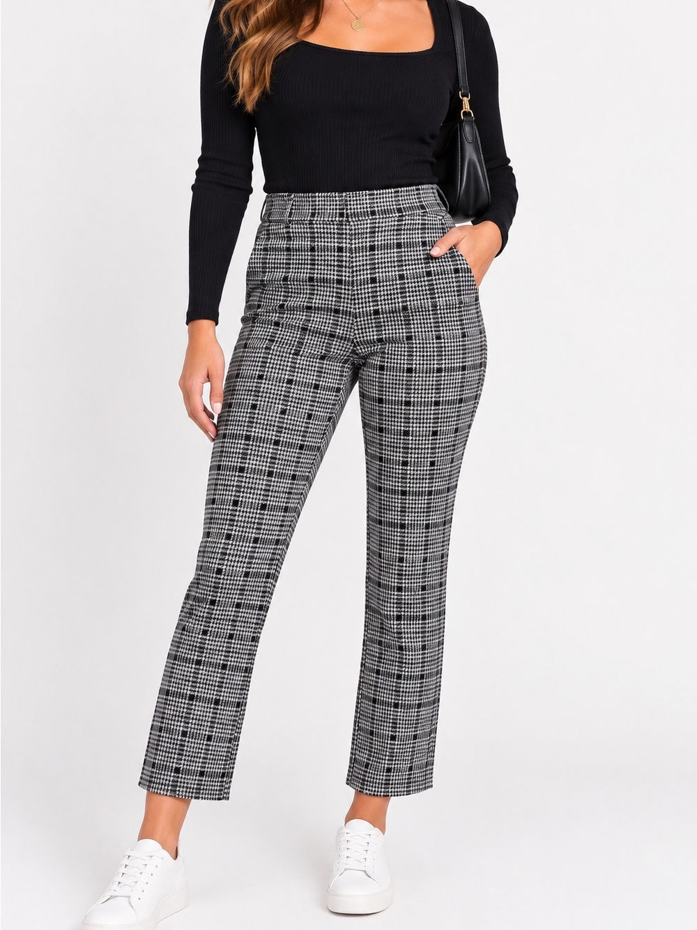 Free People Black & White Plaid Straight-Leg Pants